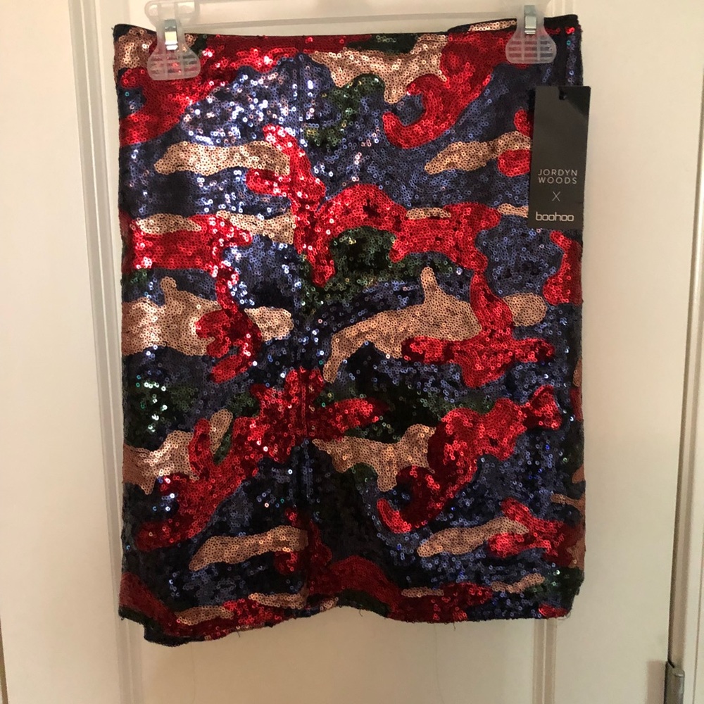 BooHoo camo sequin skirt
